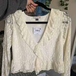 American Eagle Outfitters Cream Lace Ruffle V-Neck Blouse